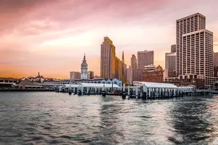 The Ferry Building at Sunset from the bay.